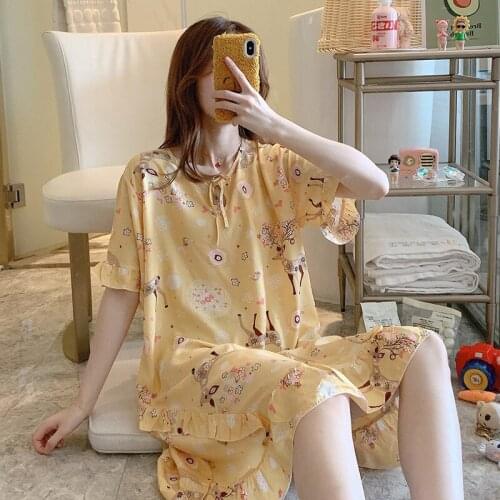 Nightdress Womens Summer Thin Short-Sleeved Cotton Silk Midi Dress Home Wear Artificial Cotton Dress Pajamas