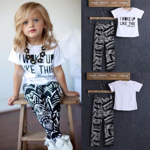 New 2-9Y 2pcs Kids Girls I Woke Up Like This White Casual Tops Toddler T Shirt Pants Infant Outfits Set