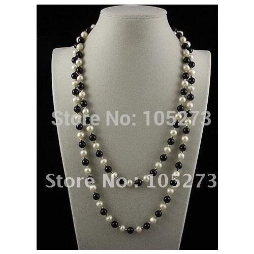 Charming!long pearl & Agates necklace 48''inchs AA 7-8MM White color Genuine freshwater pearl free shipping