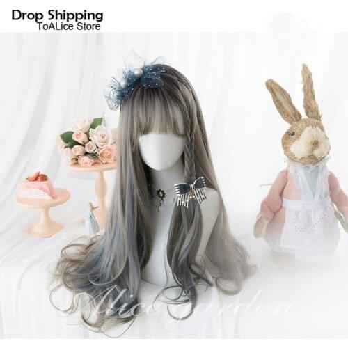 Daily Harajuku Diana Gradient Highlight Gray Blue Wig Lolita Cosplay Role Play Full Wig Long Curly Wave Hair Gothic Princess Wig