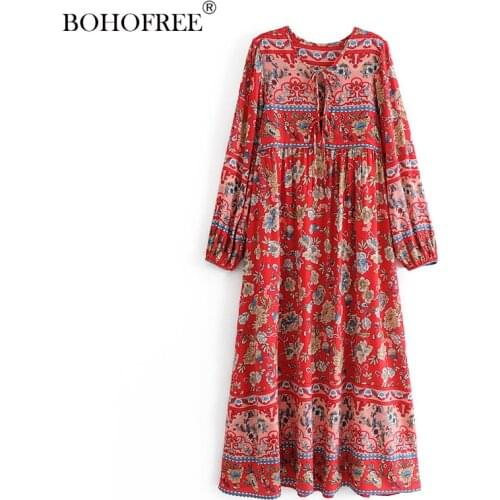 Drop Shipping Red Floral print Tunic Dress Long Sleeve Autumn Wear Vestidos Casual Women Clothing Boho Vestidos