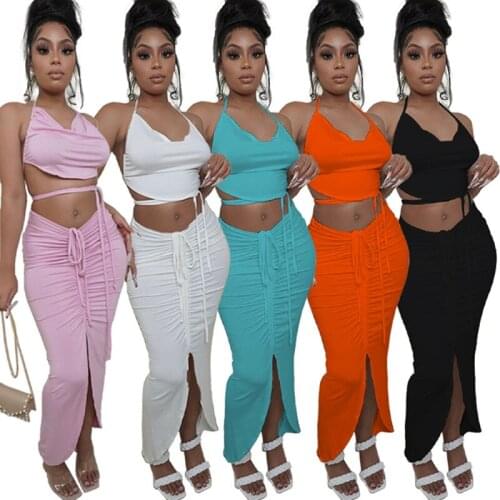 Sexy 2 Piece Sets Womens Outfits Halter backless Crop Top and Drawstring ruched Mini Skirt Suits Elegant Club Party Dress Sets