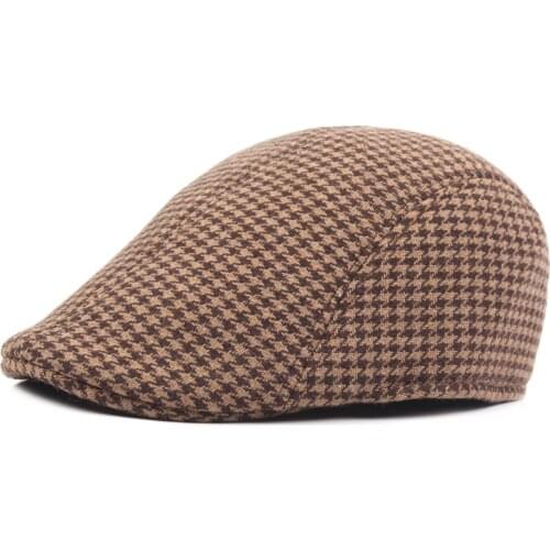 Size 58cm Irish Flat Cap for Men Plaid Newsboy Hat Women Winter Duckbill Cap Grey Brown