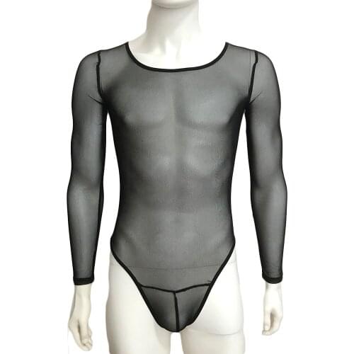 Sexy Long Sleeves Mesh Mens Sheer Bodysuit Lust Sheer Nightclub Gay Transparent Suspender Thong Bodysuit Sexy Lingerie Plus Size