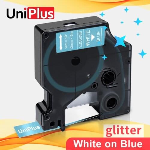 UniPlus Compatible Dymo D1 Tape 12mm White on Shiny Blue Glitter Label Tape 2056086 for Dymo Label Printer Lablemanager 420P 350