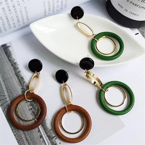 1 Pair Vintage Double Round Circle Metal Chain Long Dangle Tassel Earrings Wood Earring Jewelry