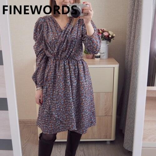 FINEWORDS Vintage 2021 Spring Floral Dress Korean Elegant V Neck Sexy Party Dress Casual Gentlewomen A Line Printed Mini Dresses