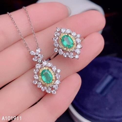 KJJEAXCMY fine jewelry natural Emerald 925 sterling silver women pendant necklace chain ring set support test popular