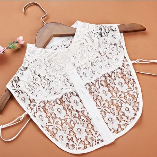 Women Blouse Sweater Round Neck Fake False Collar Detachable Sheer Embroidered Floral Lace Solid Half Shirt Tie Button Apparel