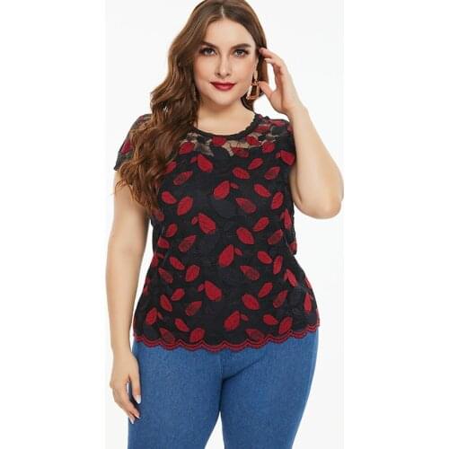 2021 Summer Women Short sleeve Color Lace top and blouset fashion ladies Casual clothes Plus Size Womens Hollow Tops