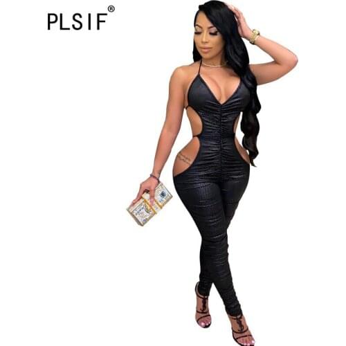 Young Party Women Fashion Deep V Neck Backless Skinny Jumpsuits Sexy Tight Club Party Lady Fashion Bodysuits