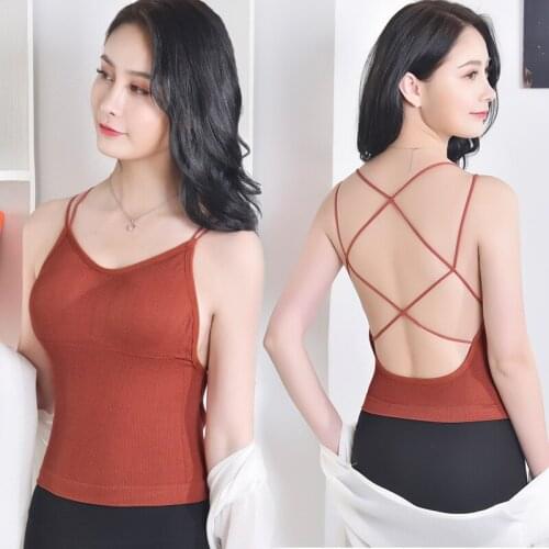Women Tank Crop Top Female Cropped Camis Seamless Underwear Sexy Back Hollow Summer Top Sleeveless Padded Camisole Femme