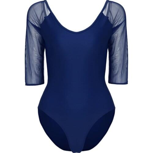 Women Soft Sheer Mesh Splice Built-in Bra Dancewear Ballet Gymnastics Leotard Adult Sports Bodysuit Performance Dance Costume