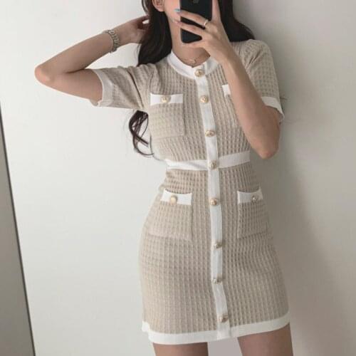 O-neck single-breasted knitted dress women Fashion retro pocket dress woman Casual waist slimming dresses ladies Summer 2021