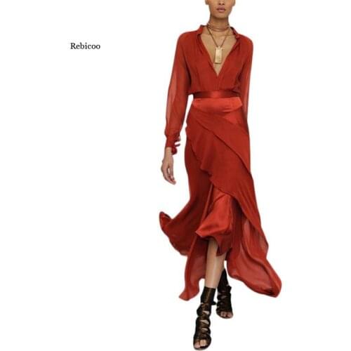 Spring Summer Women Dress Pure Color Asymmetrical Long Sleeve Chiffon Boho Maxi Dresses V Neck Streetwear Vestido New