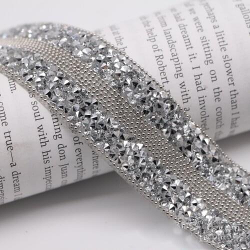 1Yard Iron On Rhinestone Tape Silver Hotfix Gemstone Lace Trim Hot Drilling Beaded Chain Ribbons Bridal Dress Belt Banding Tape