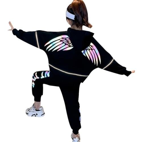 2020 black Kids Clothes Teens Girls Outfits Two Pieces Night Reflective wings Sweater Hoodies Pants Sets Letter Sweatpants Suit