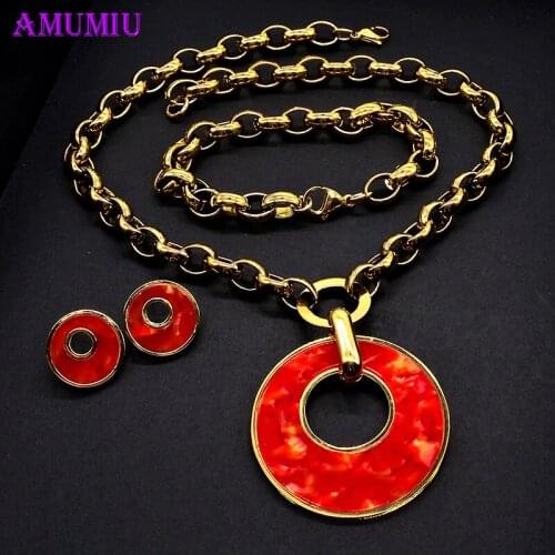 AMUMIU Wedding Jewelry Sets for Charm African Women Gold Red Round Necklace Bracelet Earrings Sets Chain Party Gift JS165