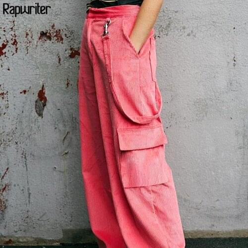 Rapwriter Casual High Waist Ribbon Corduroy Pants Women 2020 Autumn Winter Pants Ladies Casual Side Big Pockets Pink Trousers