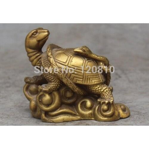 4" Chinese Bronze Wealth Money Longevity Dragon Turtle Tortoise Snake Statue