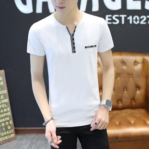 Summer Shirts Men Short Sleeve T-shirt White Black Blue Gray V-Neck Daily Casual T Shirt Tops Solid Mens Clothing