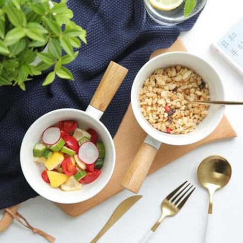 White Bamboo Handle Bowl Breakfast Bowl Oatmeal Bowl Salad Bowl Fruit Bowl Dessert Bowl Bowl with Handle Mini Tableware