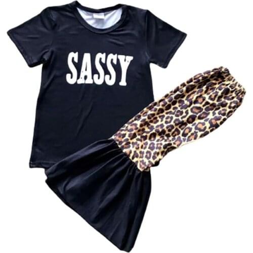 Fashionable spring and summer design childrens wear black letter short with leopard sleeve cute little girl suit20