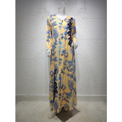 Printing Muslim Dress For Women Beads Ramadan Eid Jalabiya Dubai Arabic Moroccan Kaftan Clothing Loose Dresses Slub Embroidery