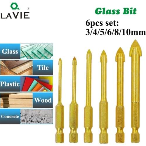 6pcs 1/4" Hex Shank Glass Bits Titanium Coated Glass Drill Set 3 4 5 6 8 10mm Tile Concrete Flat Tip Hole Bit Drilling DB02008