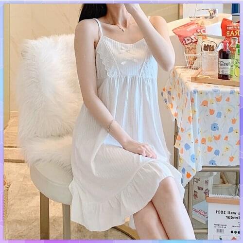 Princess Style Nightgown Sleepwear Lady Summer Sleeveless Nightdress Female Cotton Nightgowns Sweet Cute Loose Home Clothes