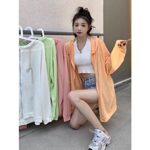 Autumn and summer 2021 new knitted hooded long sleeve shirt sunscreen thin girls loose zipper top