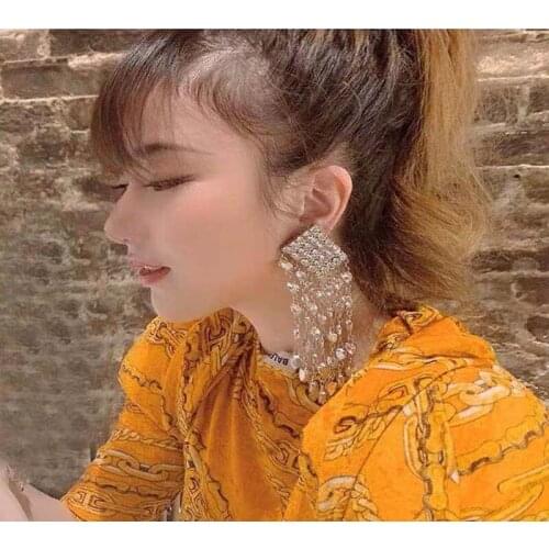 Rongho Hyeperbole Crystal Beads Chains Tassel Earrings for Women Hiphop Jewelry Rhinestone Rhombus Geometric Earring Brincos