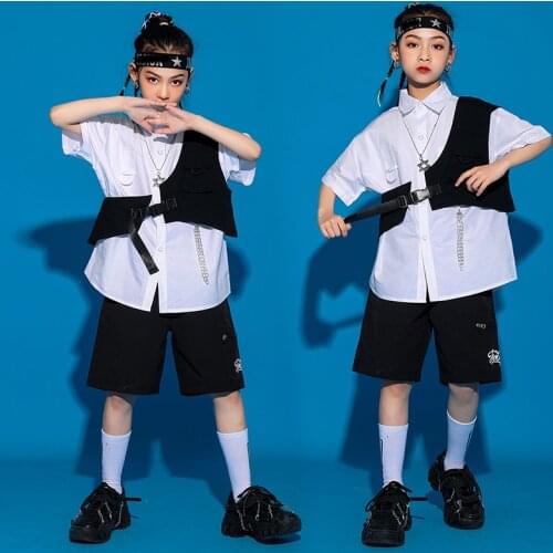 2021 Hip Hop Dance Clothes For Girls White Short Sleeved Black Vest Shorts Hiphop Stage Outfits Jazz Performance Wear DQS7185