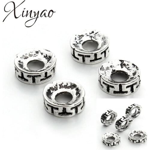 XINYAO 50pcs/lot 8mm Antique Silver Color Hollow Round Metal Spacer Beads Carved Letter T Loose Beads For Diy Jewelry Making