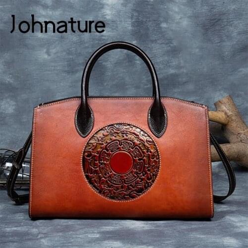 Johnature Retro Genuine Leather Large Capacity Women Bag 2021 New Nature Cowhide Luxury Handbag Handmade Shoulder Messenger Bags