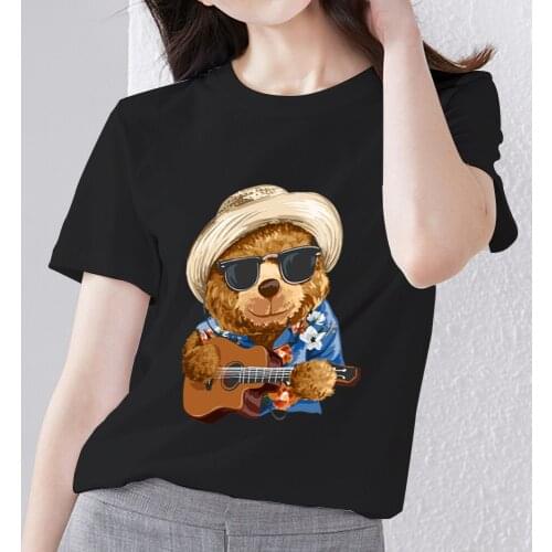 Women T-Shirts Cartoon Teddy Bear Pattern Series Lady Tops Black Classic O-neck Female Short-sleeved Tee Fashion Womans Clothes