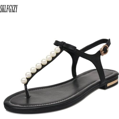 SKLFGXZY New fashion women leather beaded sandals 100% genuine cowhide comfortable women shoes sandals sizes 32-46