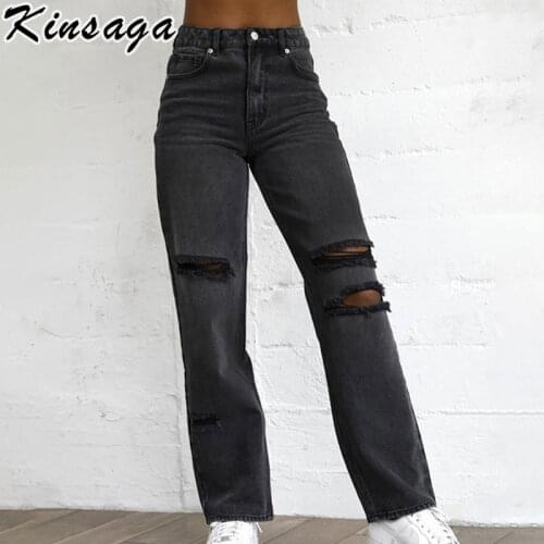 Women Boyfriend Knee Ripped Hole Straight Baggy Denim Pants Streetwear Mid Waist Baggy Trousers Casual Wide Leg Trendy Jeans Mom