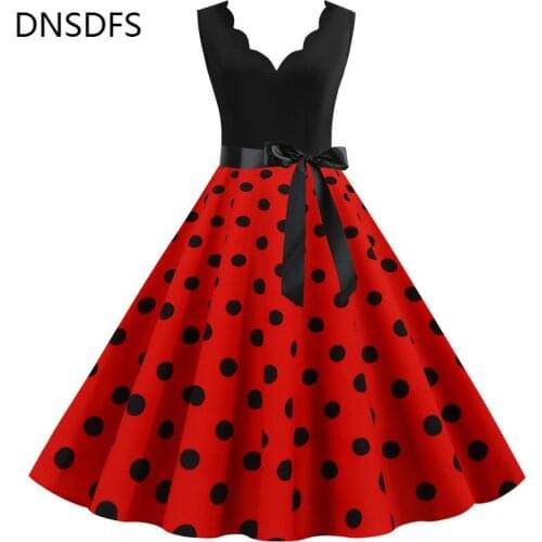 Vintage Women Dress Summer Sleeveless Big Swing High Waist Bow Tie Patchwork Dot Print Dress Female Elegant Slim Party Vestidos