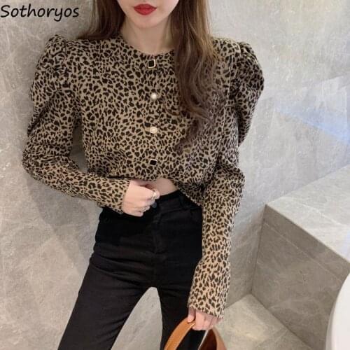 Leopard Blouses Women Pleated O-neck Spring New Korean Style Puff Sleeve Fashion Chic Design Sexy Retro Slim Floral Vintage OL