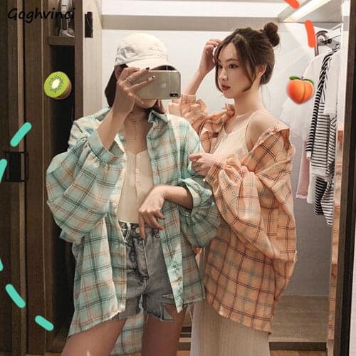 Women Blouses Plaid Shirts Loose Oversize Casual Summer Outwear Simple Long Sleeve Tops Sun-proof All-match Button Up Female Top