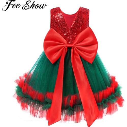 FEESHOW 12M-5Y Christmas Dress For Girls Toddler Kids Children Red Sequins Bow Dresses For Girl Xmas Party Princess Costumes