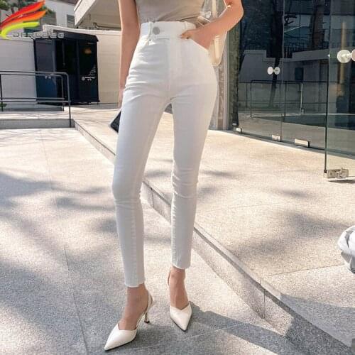 New 2021 Autumn White Jeans Streetwear One Button Full Length High Waist Skinny Jeans Korean Fashion Denim Harem Pants Hot Sale