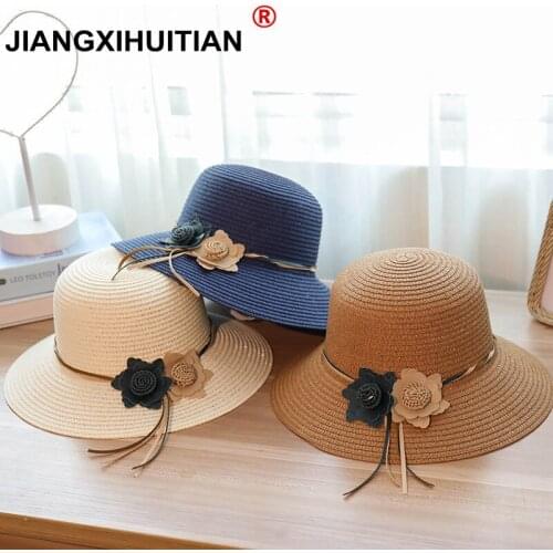 Jiangxihuitian 2018 Retail 5 colors Summer women flower Simple Wavy large brimmed straw hat girls Beach Hats