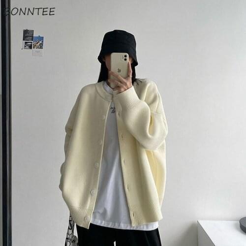 Cardigan Women O-neck Long-sleeve Loose Solid Button Harajuku Zip-up Autumn Thicker Retro Knitting Streetwear Trendy Simple Soft