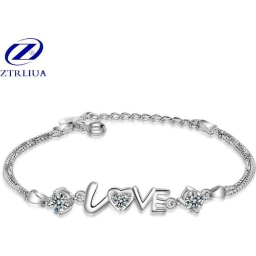 Korean Female Sweet Fashion 925 Sterling Silver Jewelry Student Simple Two Colors Crystal Love Heart Bracelet SB76