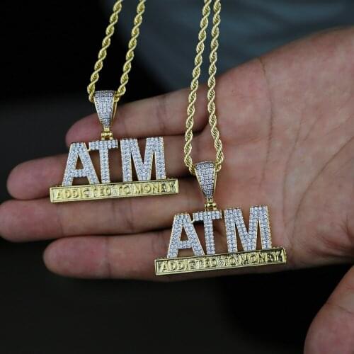 ATM Addicted To Money Pendant Necklace Two Tone Gold Color Micro Pave CZ Hip Hop Bling Men Jewelry