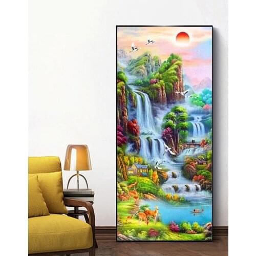 Full Square Round diamond landscape 5D diamond painting sunset waterfall DIY diamond embroidery kit Home ornaments A739