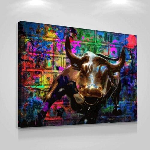 Multicolor Abstract Charging Bull Canvas Wall Art 100 Dollar Cash Money Art Prints Inspiring Art Poster for Office Bedroom