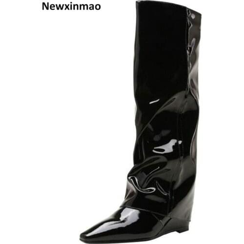 Genuine Leather Sexy High Heels Boots 2021 New Autumn Winter Square Toe Knee High Boots Band Design Night Club Shoes Woman